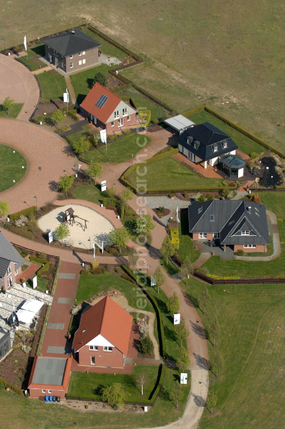 Aerial image Grebs - Residential area model home park- single-family house- settlement on street Am Massivhauspark in Grebs in the state Brandenburg, Germany