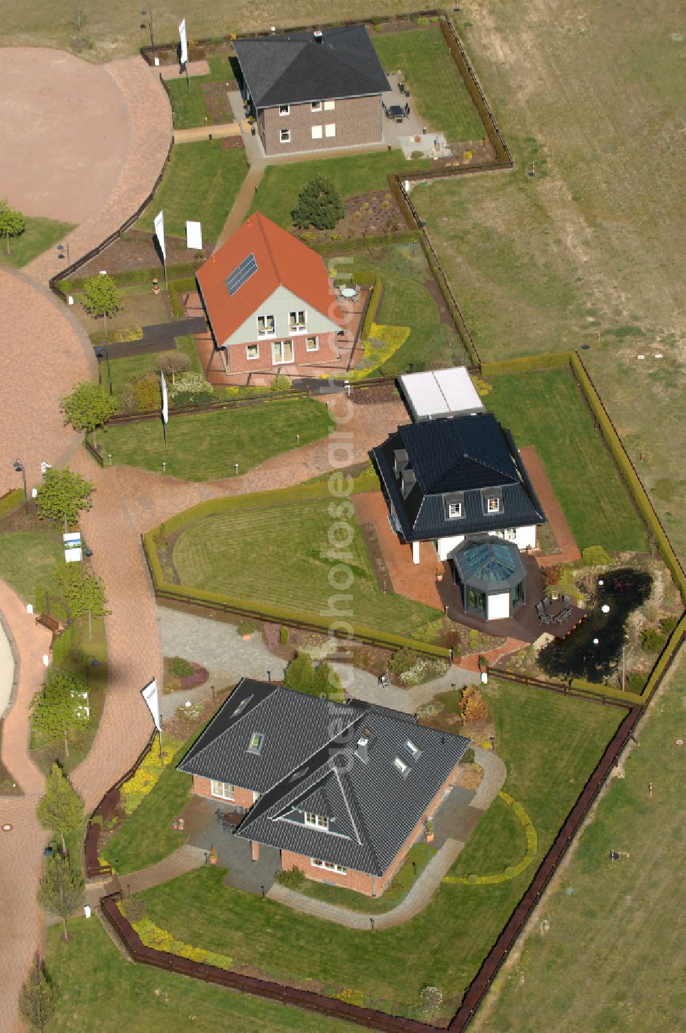 Aerial photograph Grebs - Residential area model home park- single-family house- settlement on street Am Massivhauspark in Grebs in the state Brandenburg, Germany