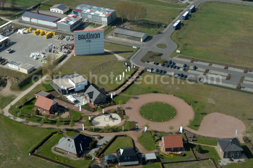 Grebs from above - Residential area model home park- single-family house- settlement on street Am Massivhauspark in Grebs in the state Brandenburg, Germany