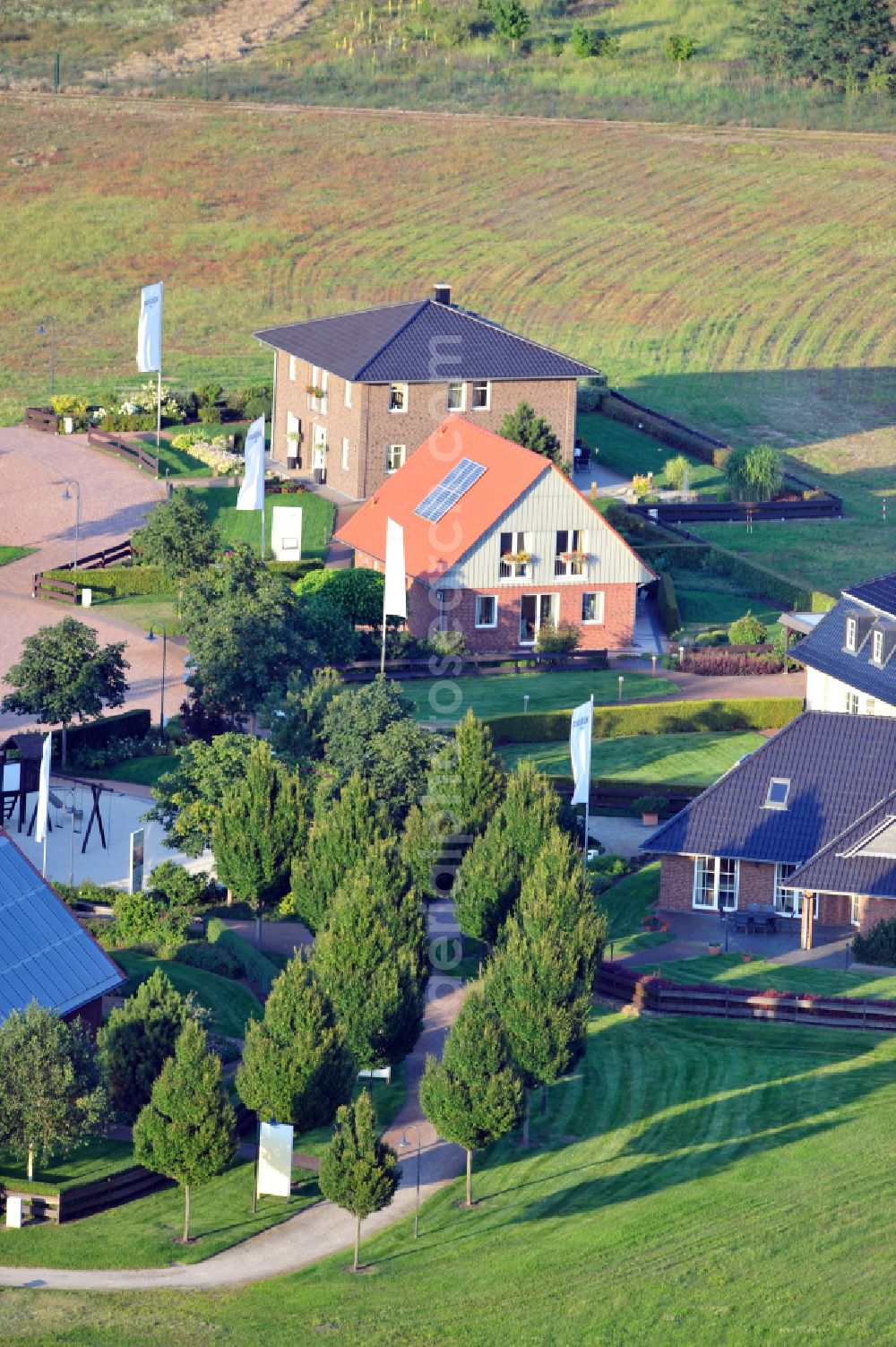 Grebs from above - Residential area model home park- single-family house- settlement on street Am Massivhauspark in Grebs in the state Brandenburg, Germany