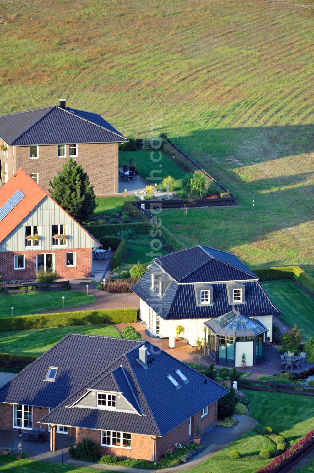 Aerial image Grebs - Residential area model home park- single-family house- settlement on street Am Massivhauspark in Grebs in the state Brandenburg, Germany