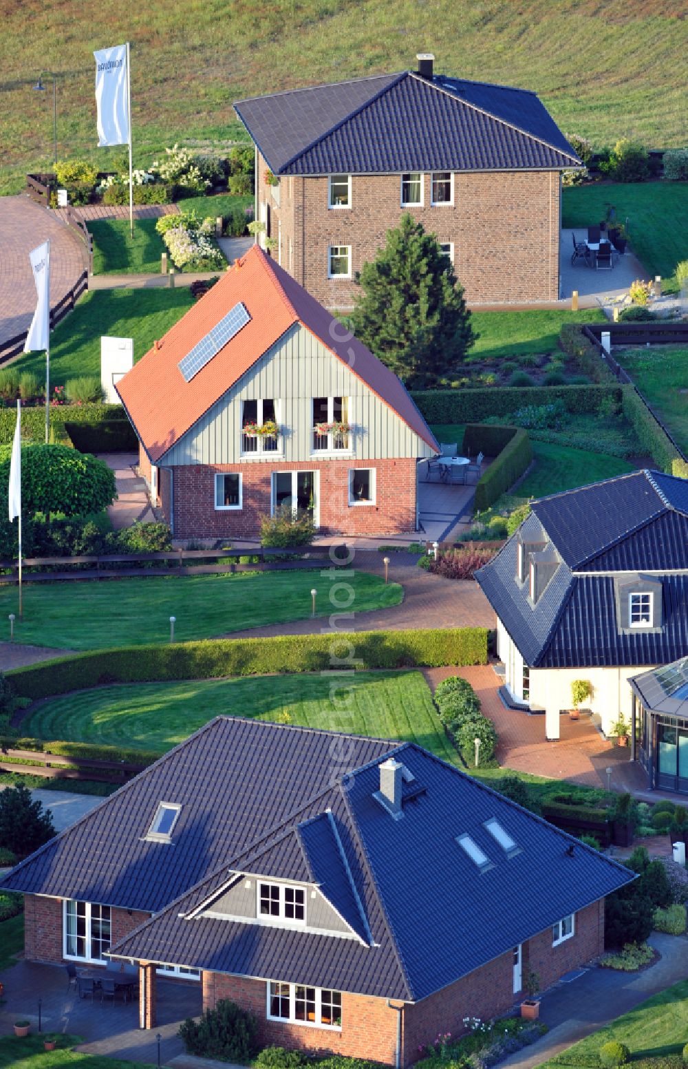 Aerial photograph Grebs - Residential area model home park- single-family house- settlement on street Am Massivhauspark in Grebs in the state Brandenburg, Germany