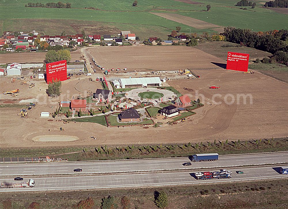 Aerial image Grebs - Residential area model home park- single-family house- settlement on street Am Massivhauspark in Grebs in the state Brandenburg, Germany