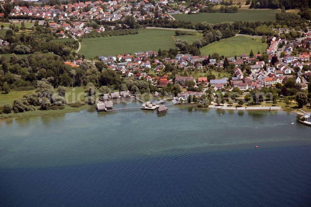 Aerial image Unteruhldingen - The Pfahlbaumuseum Unteruhldingen is located at the Lake Constance , a archaeological open-air museum with a attached museum