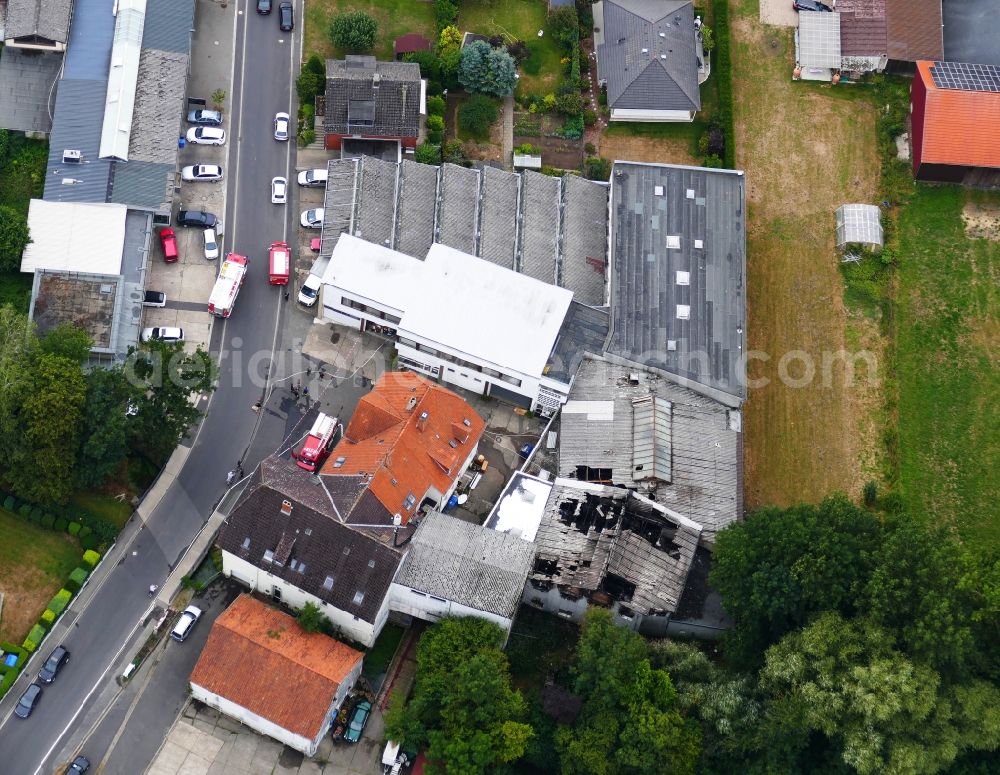 Göttingen from the bird's eye view: Fire fighting of warehouse fire in Goettingen in the state Lower Saxony, Germany