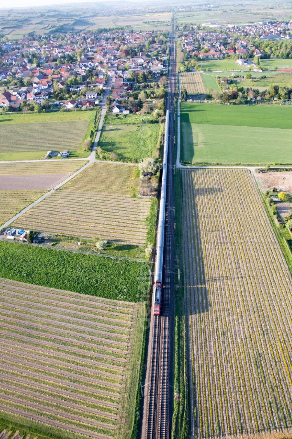 Aerial image Alsheim - Local railway train in Alsheim in the state Rhineland-Palatinate