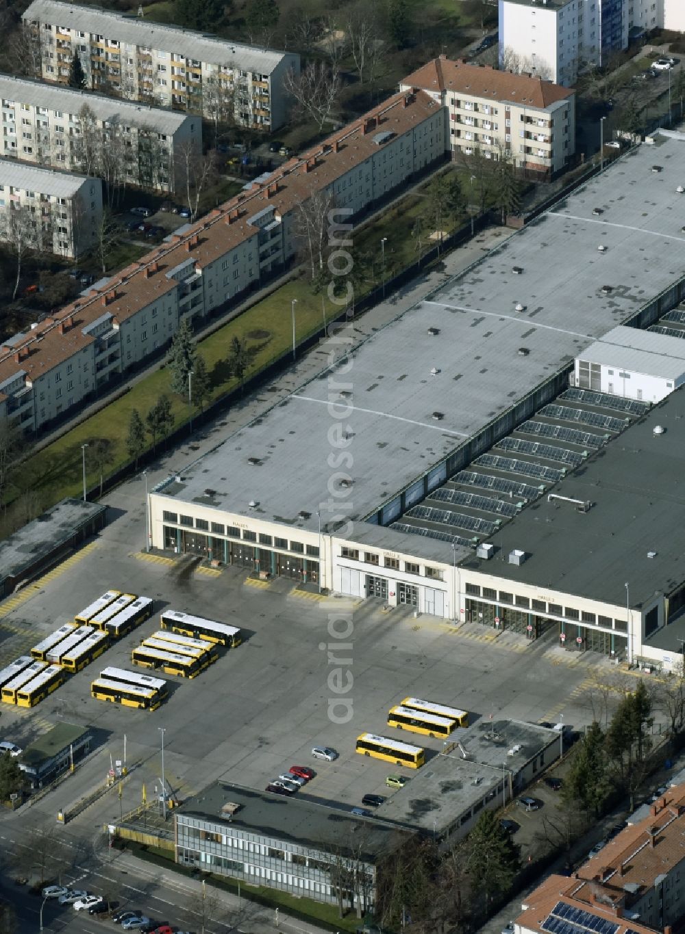 Aerial photograph Berlin - Depot of the Municipal Transport Company Berliner Verkehrsbetriebe BVG on Gradestrasse in Berlin in Germany