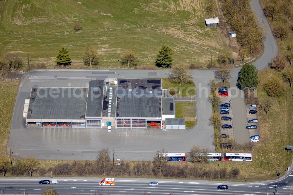 Brilon from above - Depot of the Municipal Transport Company of Regionalverkehr Ruhr-Lippe GmbH at the crossroad of the B7 and the Altenbuerener Strasse in Brilon at Sauerland in the state North Rhine-Westphalia, Germany