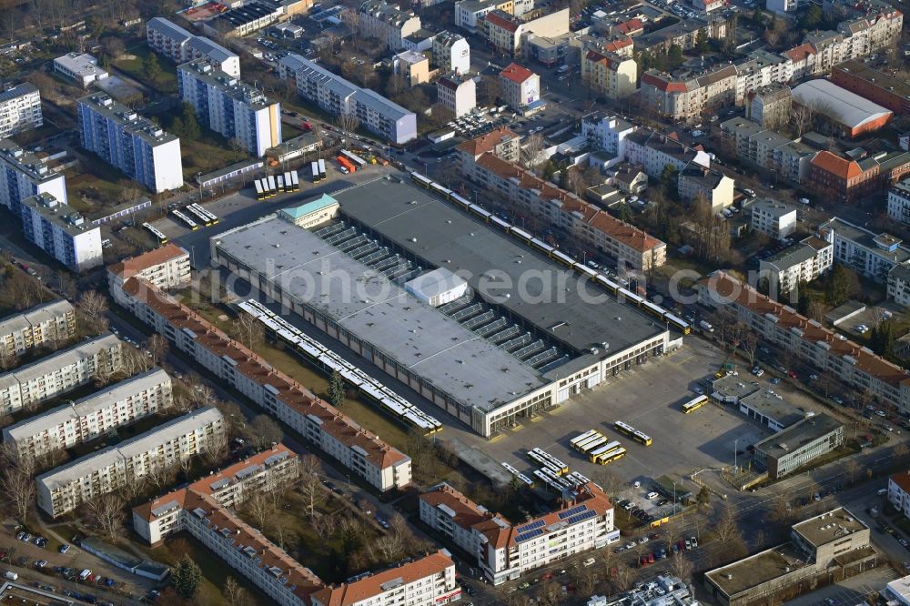 Aerial image Berlin - Depot of the Municipal Transport Company Am Strassenbahnhof - Gradestrasse in the district Britz in Berlin, Germany