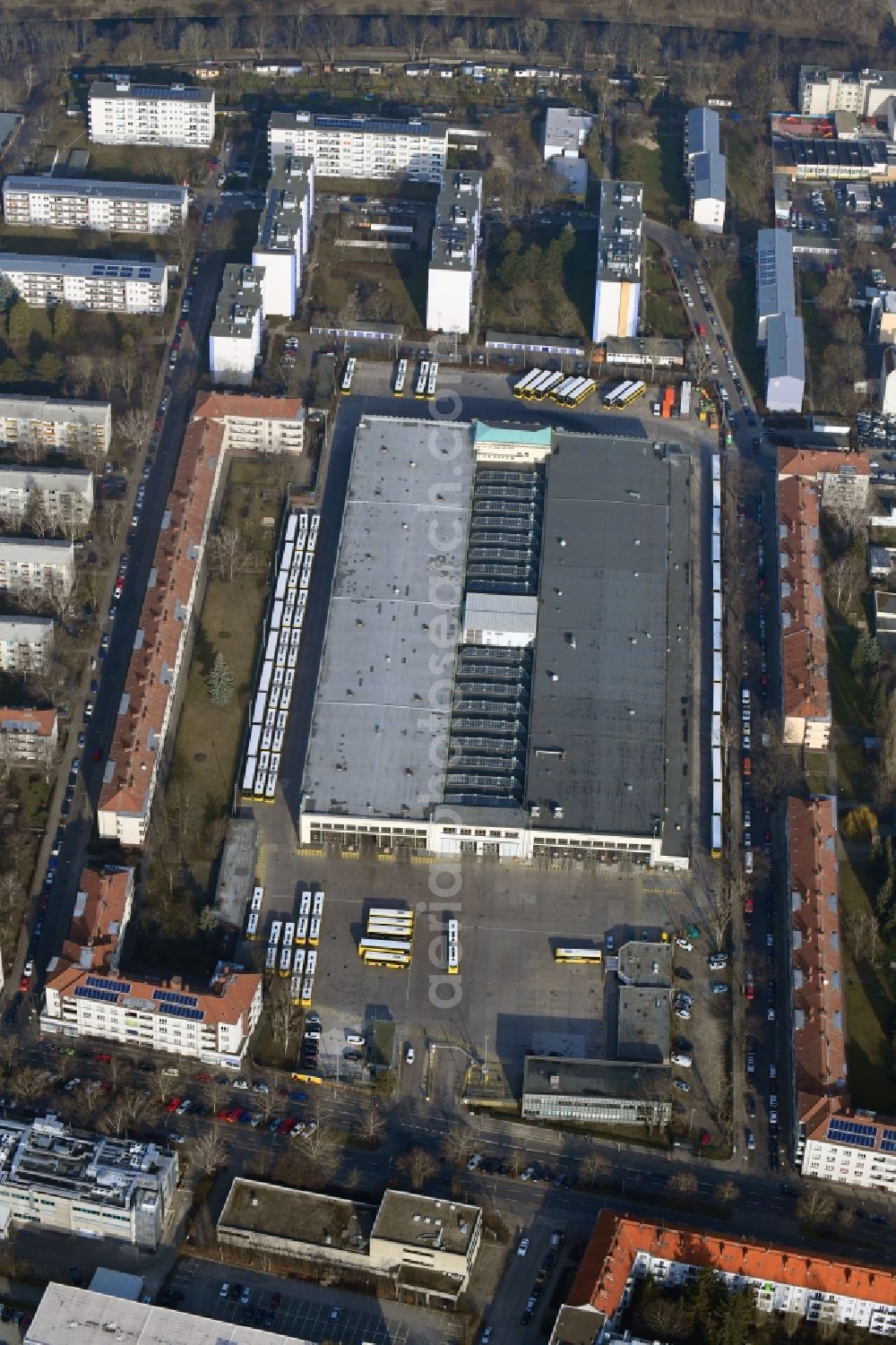 Berlin from above - Depot of the Municipal Transport Company Am Strassenbahnhof - Gradestrasse in the district Britz in Berlin, Germany