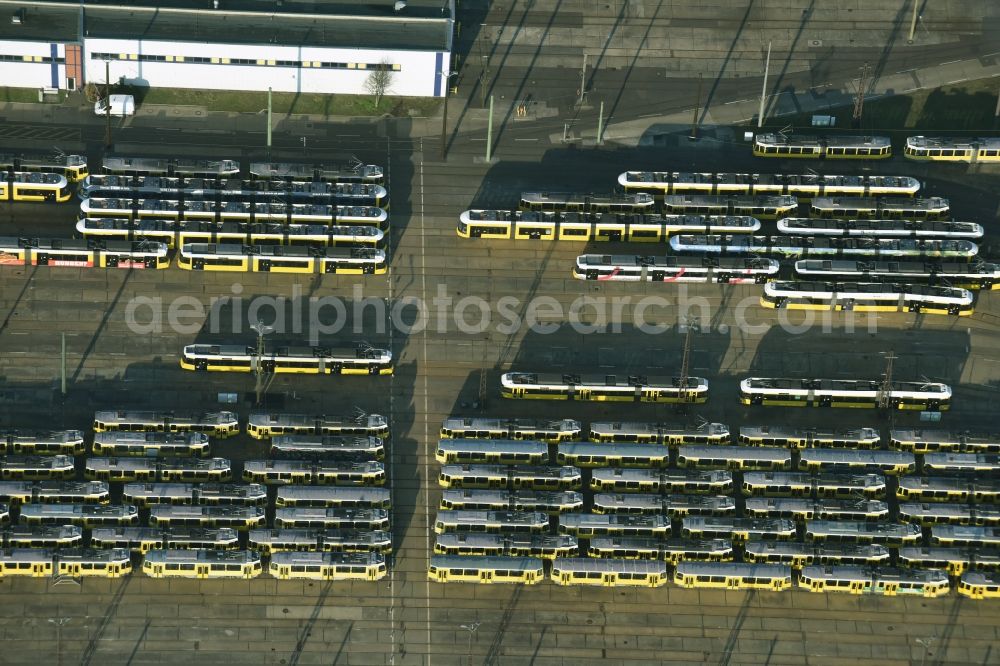 Berlin from above - Tram depot of the Municipal Transport Company BVG Betriebshof Marzahn in Berlin in Germany