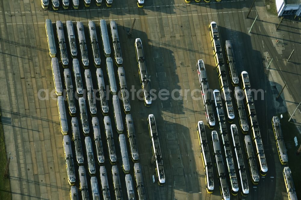 Aerial image Berlin - Tram depot of the Municipal Transport Company BVG Betriebshof Marzahn in Berlin in Germany