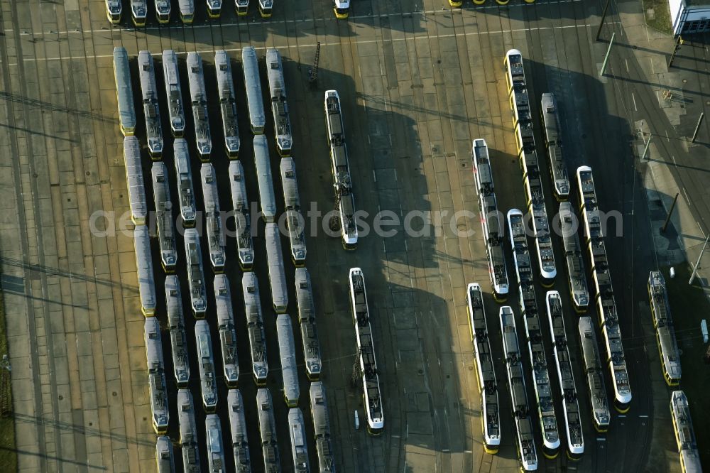 Berlin from above - Tram depot of the Municipal Transport Company BVG Betriebshof Marzahn in Berlin in Germany