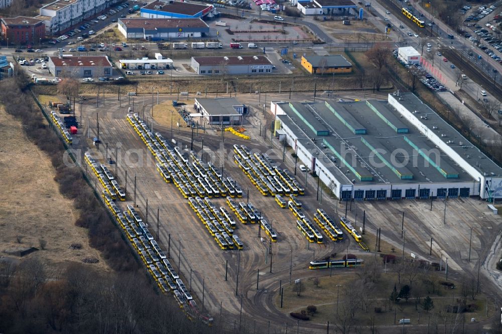 Berlin from the bird's eye view: Tram depot of the Municipal Transport Company BVG Betriebshof Marzahn in the district Marzahn in Berlin, Germany