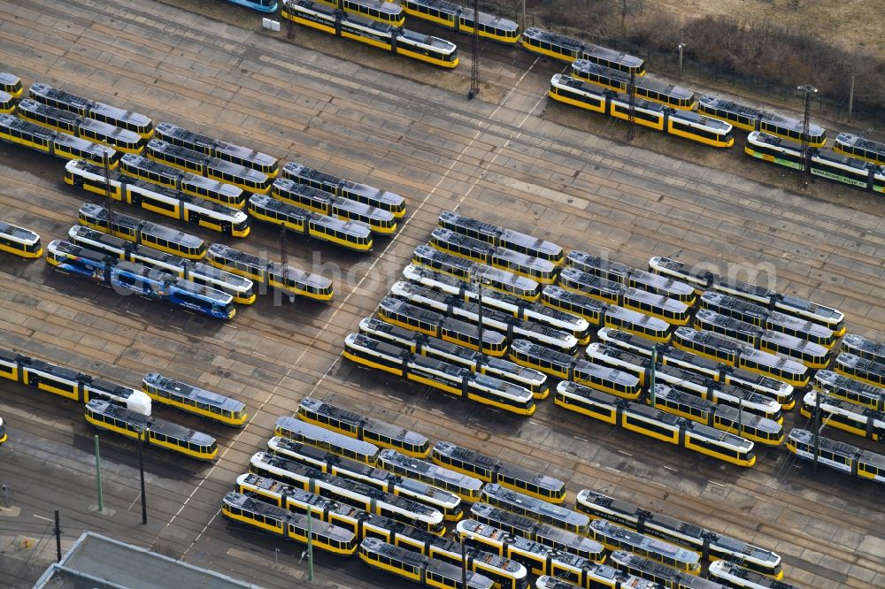 Aerial photograph Berlin - Tram depot of the Municipal Transport Company BVG Betriebshof Marzahn in the district Marzahn in Berlin, Germany