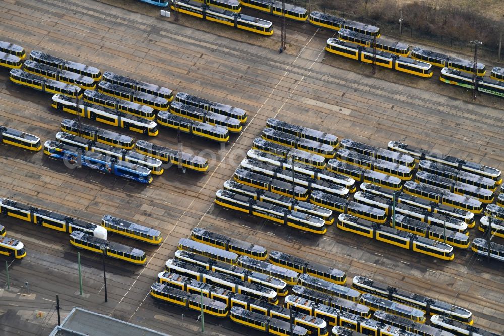 Aerial image Berlin - Tram depot of the Municipal Transport Company BVG Betriebshof Marzahn in the district Marzahn in Berlin, Germany