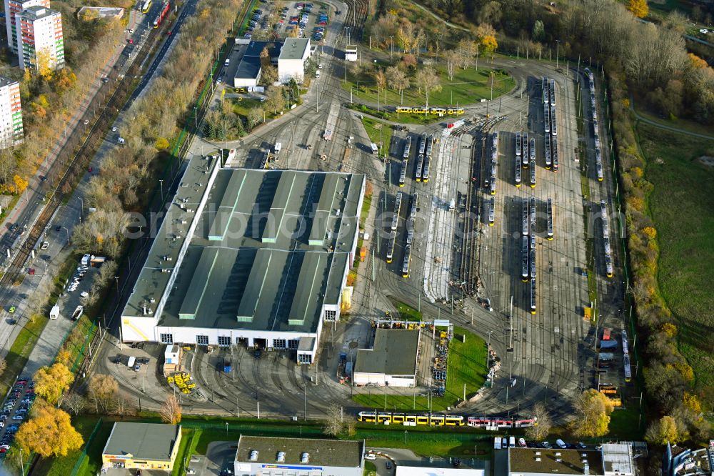 Aerial photograph Berlin - Tram depot of the Municipal Transport Company BVG Betriebshon street Landsberger Allee of Marzahn on street Landsberger Allee in the district Marzahn in Berlin, Germany