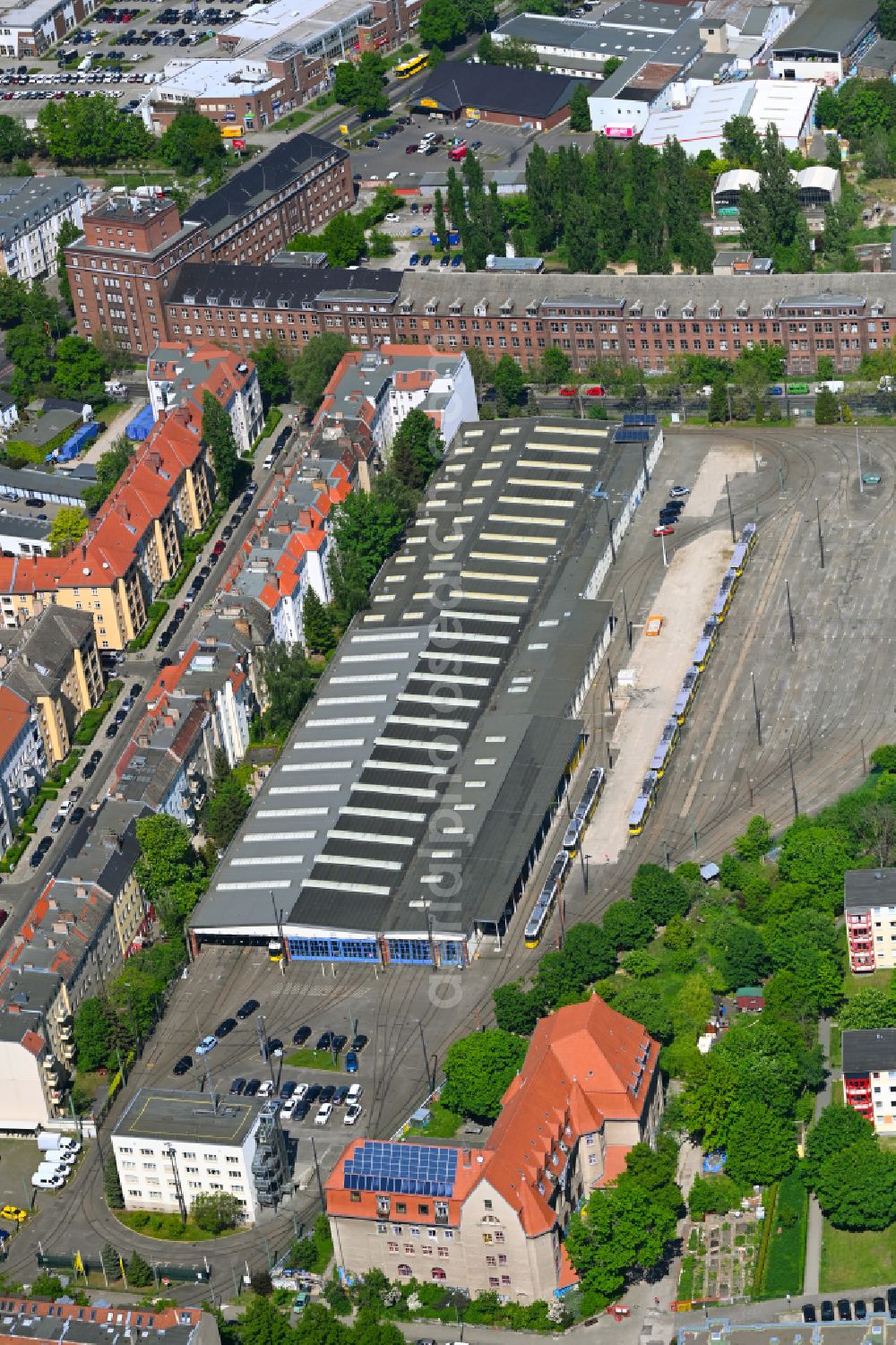 Berlin from the bird's eye view: Tram depot of the Municipal Transport Company BVG Betriebshof Weissensee on street Bernkasteler Strasse in the district Weissensee in Berlin, Germany