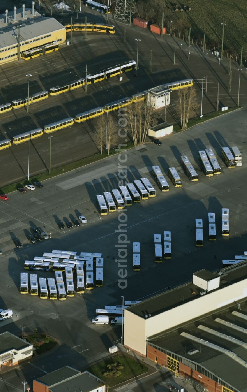 Berlin from above - Tram depot of the Municipal Transport Company BVG an der Siegfriedstrasse im Stadtteil Lichtenberg in Berlin in Germany