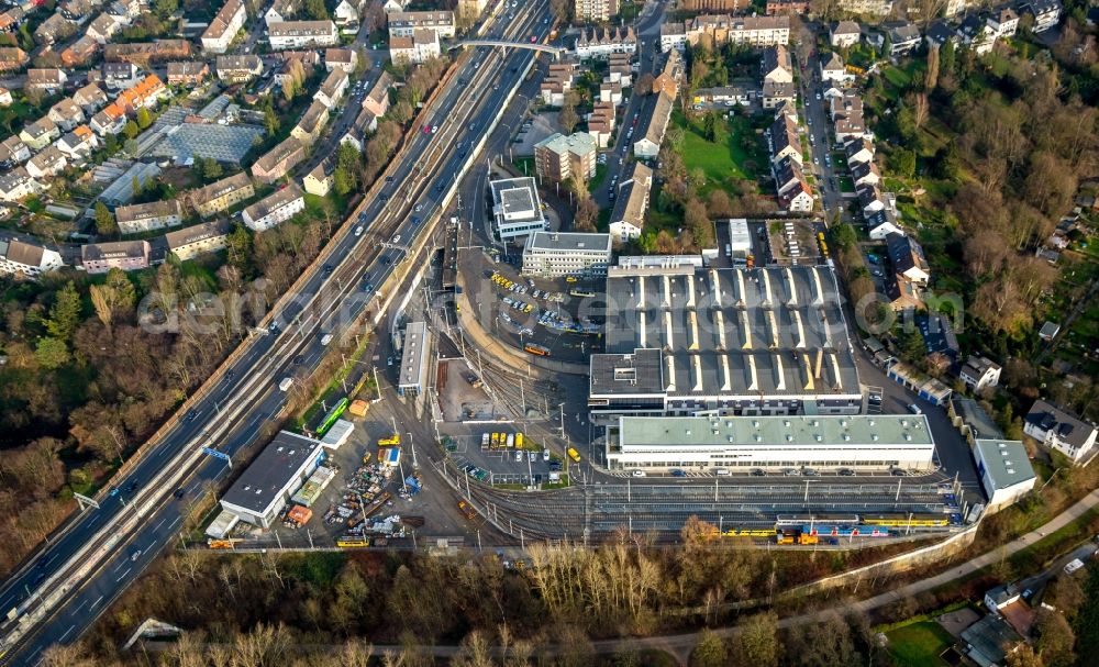 Aerial photograph Essen - Tram depot of the Municipal Transport Company EVAG near the A40 in Essen in the state North Rhine-Westphalia