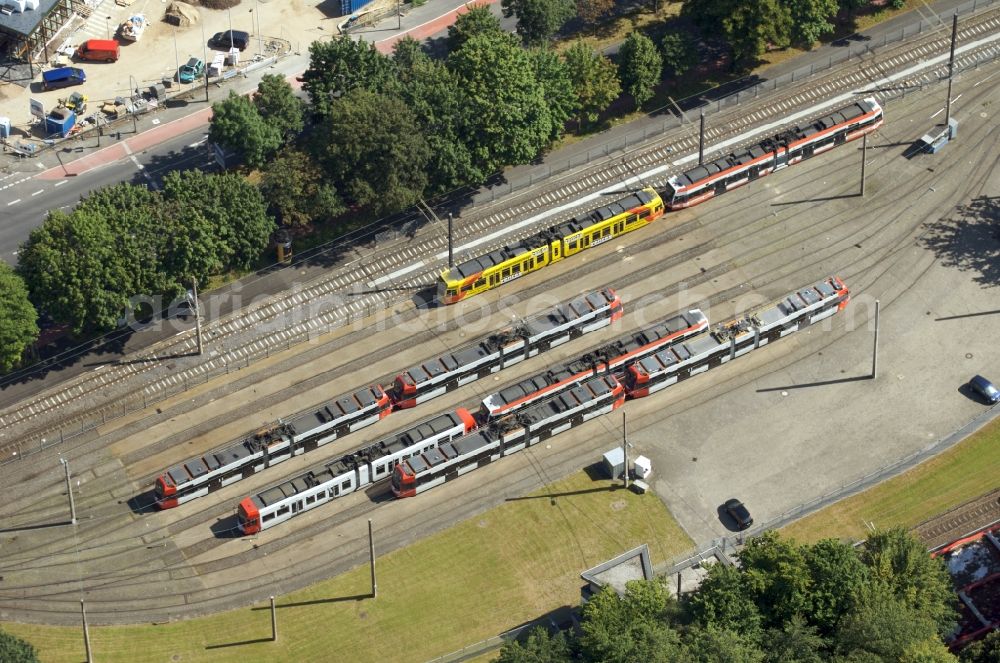 Köln from the bird's eye view: Tram depot of the Municipal Transport Company Koelner Verkehrs-Betriebe AG in the district Muengersdorf in Cologne in the state North Rhine-Westphalia, Germany