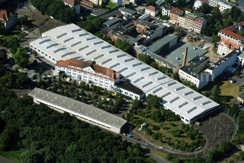 Aerial photograph Leipzig - Tram depot of the Municipal Transport Company Leipziger Stadtverkehrsbetriebe (LSVB) GmbH on Jahnallee destrict Gruenau in Leipzig in the state Saxony