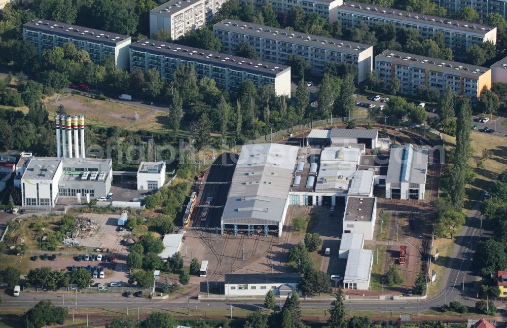 Gotha from the bird's eye view: Tram depot of the Municipal Transport Company Thueringerwaldbahn and Strassenbahn Gotha on street Waltershaeuser Strasse in Gotha in the state Thuringia, Germany