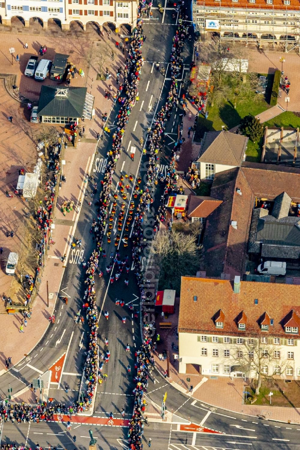 Freudenstadt from the bird's eye view: Fool in carnival costumes at the Carnival Parade in Freudenstadt in the state Baden-Wurttemberg, Germany