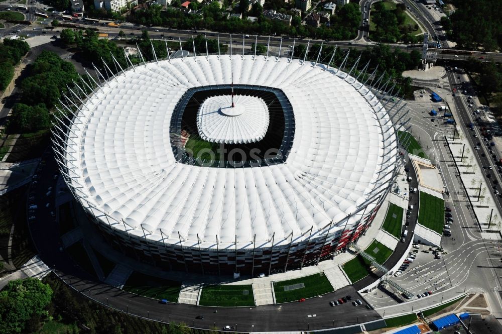 Warschau from the bird's eye view: The new built stadium National Stadium in Warsaw bevore opening EM 2012 in Poland