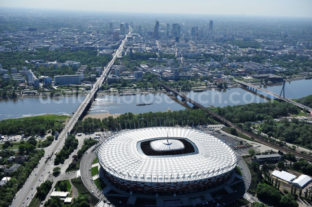 Warschau from the bird's eye view: The new built stadium National Stadium in Warsaw bevore opening EM 2012 in Poland