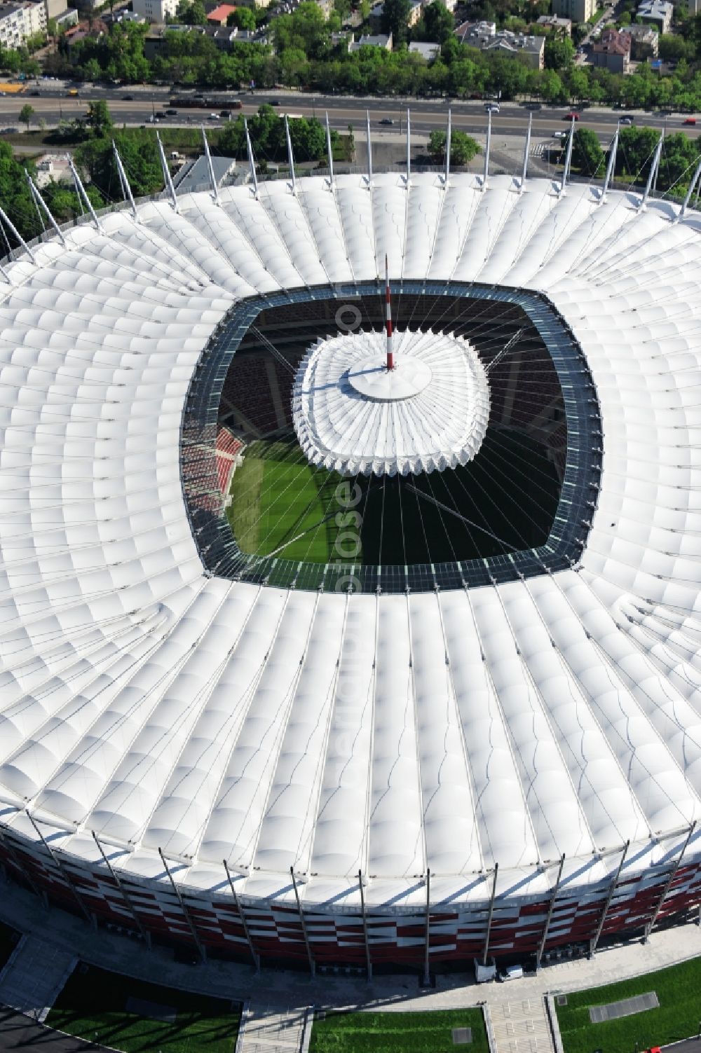 Warschau from the bird's eye view: The new built stadium National Stadium in Warsaw bevore opening EM 2012 in Poland