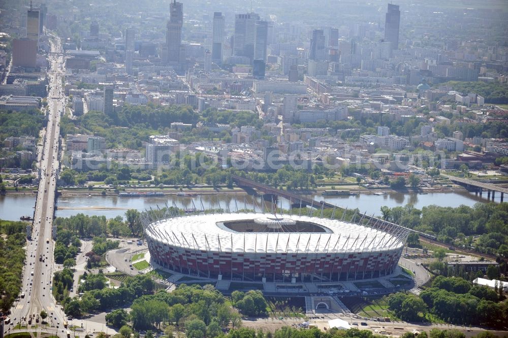 Warschau from the bird's eye view: The new built stadium National Stadium in Warsaw bevore opening EM 2012 in Poland