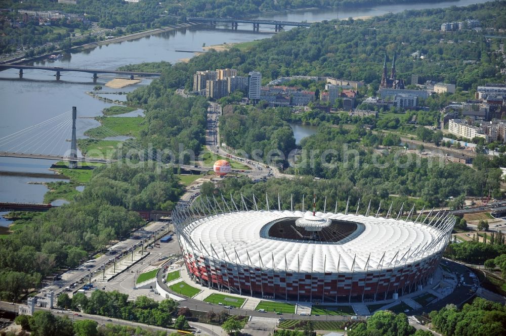 Warschau from the bird's eye view: The new built stadium National Stadium in Warsaw bevore opening EM 2012 in Poland