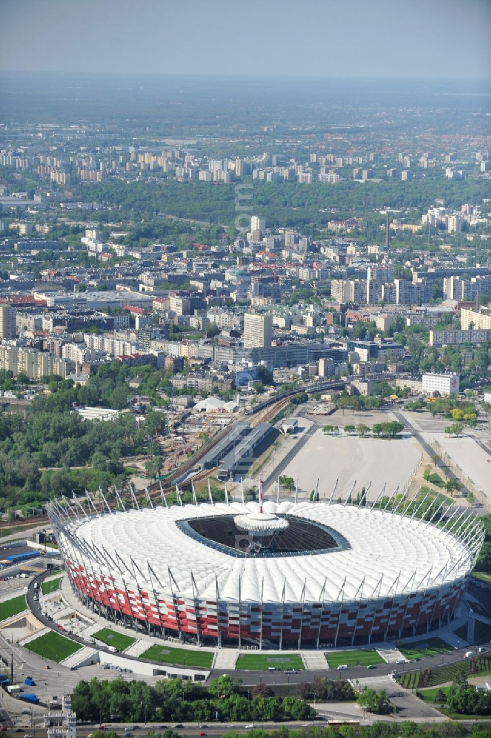 Warschau from the bird's eye view: The new built stadium National Stadium in Warsaw bevore opening EM 2012 in Poland