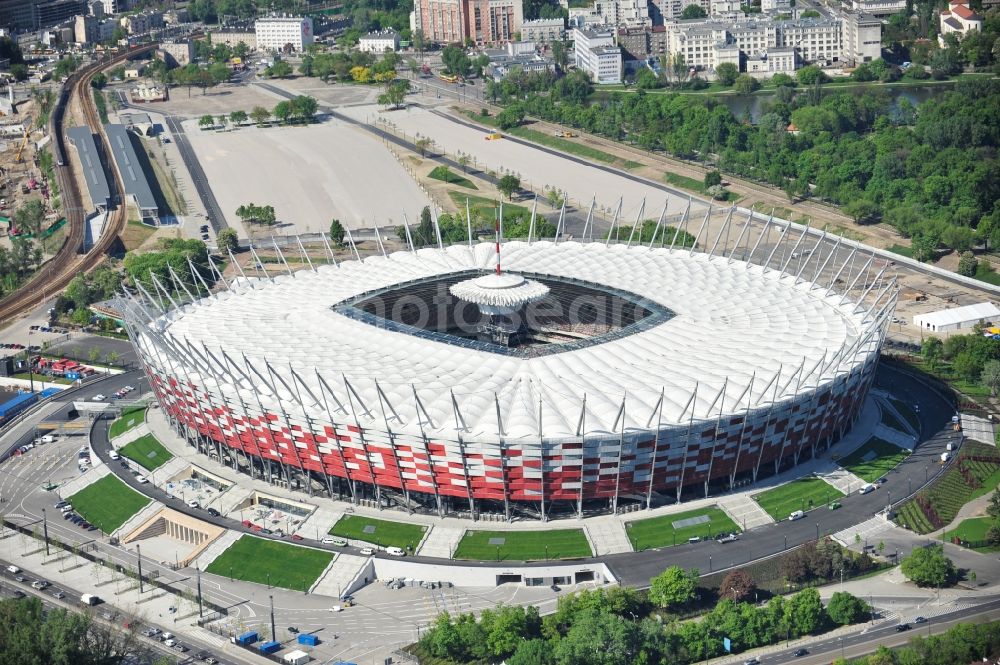 Warschau from the bird's eye view: The new built stadium National Stadium in Warsaw bevore opening EM 2012 in Poland