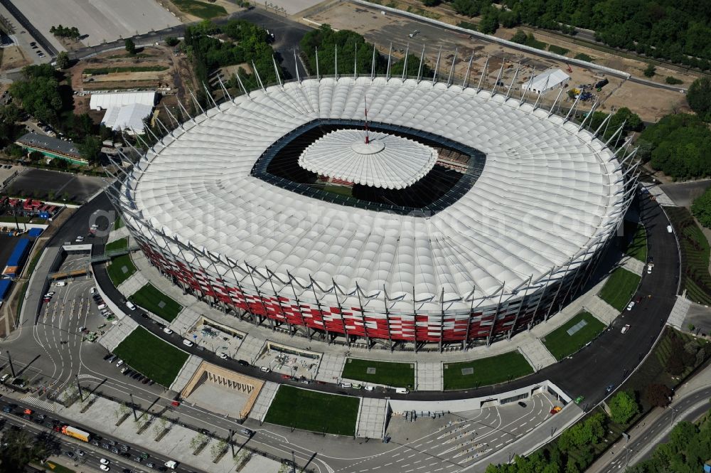 Warschau from the bird's eye view: The new built stadium National Stadium in Warsaw bevore opening EM 2012 in Poland