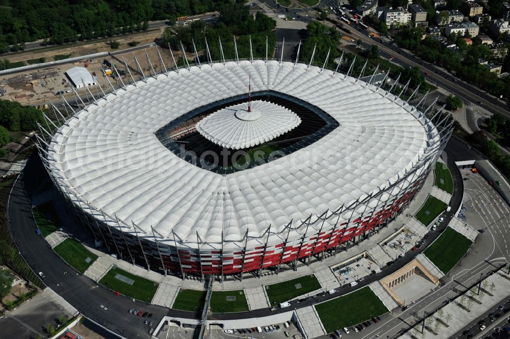 Warschau from the bird's eye view: The new built stadium National Stadium in Warsaw bevore opening EM 2012 in Poland