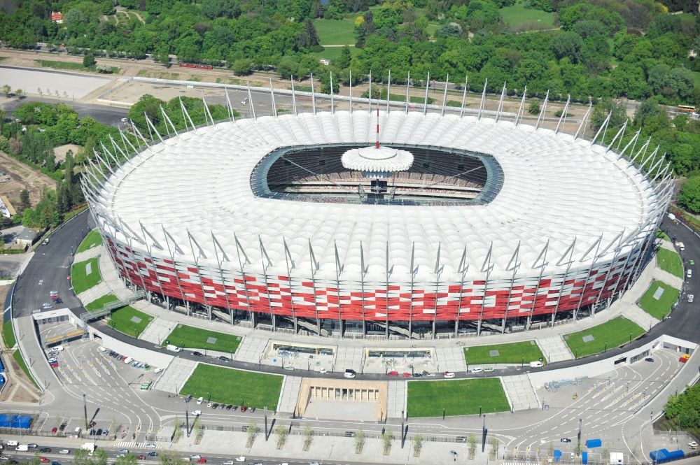 Warschau from the bird's eye view: The new built stadium National Stadium in Warsaw bevore opening EM 2012 in Poland