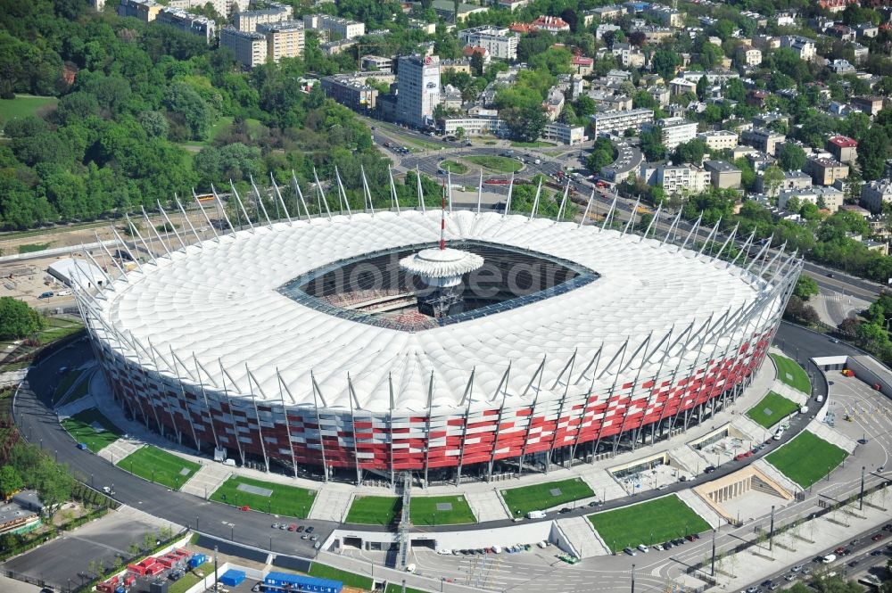 Warschau from the bird's eye view: The new built stadium National Stadium in Warsaw bevore opening EM 2012 in Poland