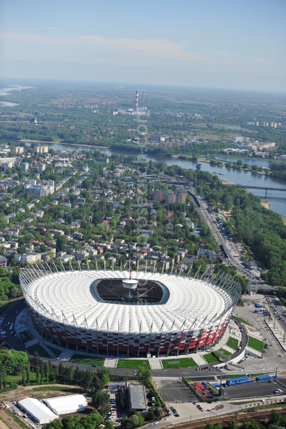 Warschau from the bird's eye view: The new built stadium National Stadium in Warsaw bevore opening EM 2012 in Poland