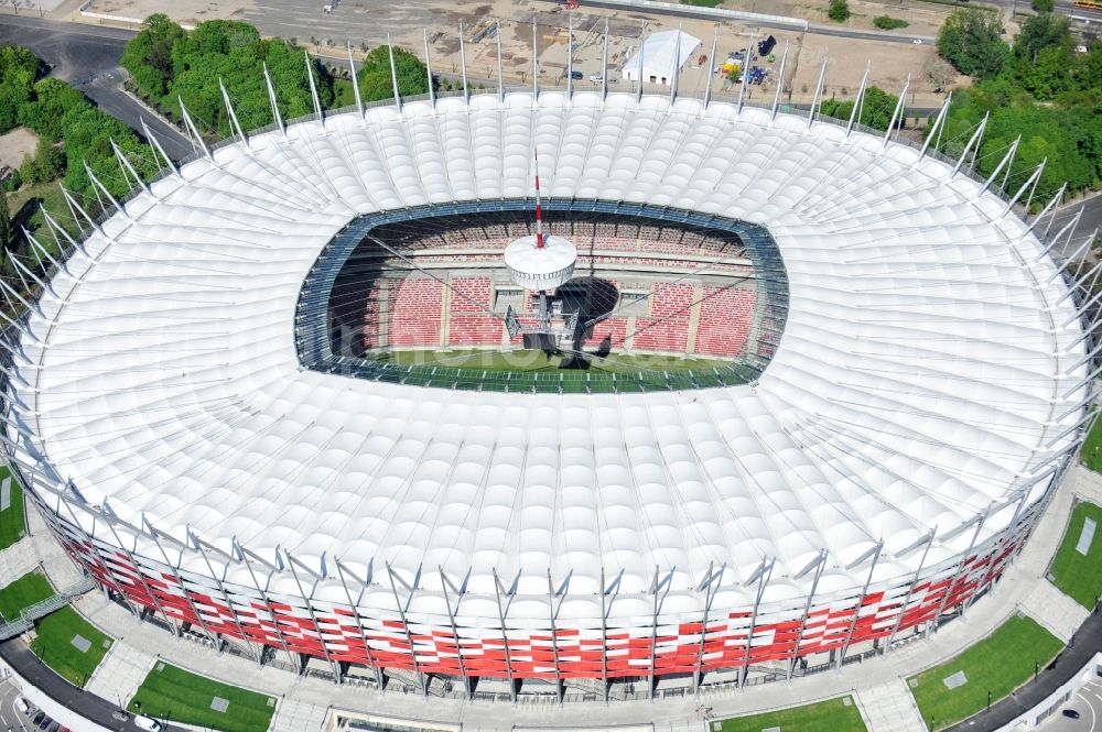 Warschau from the bird's eye view: The new built stadium National Stadium in Warsaw bevore opening EM 2012 in Poland