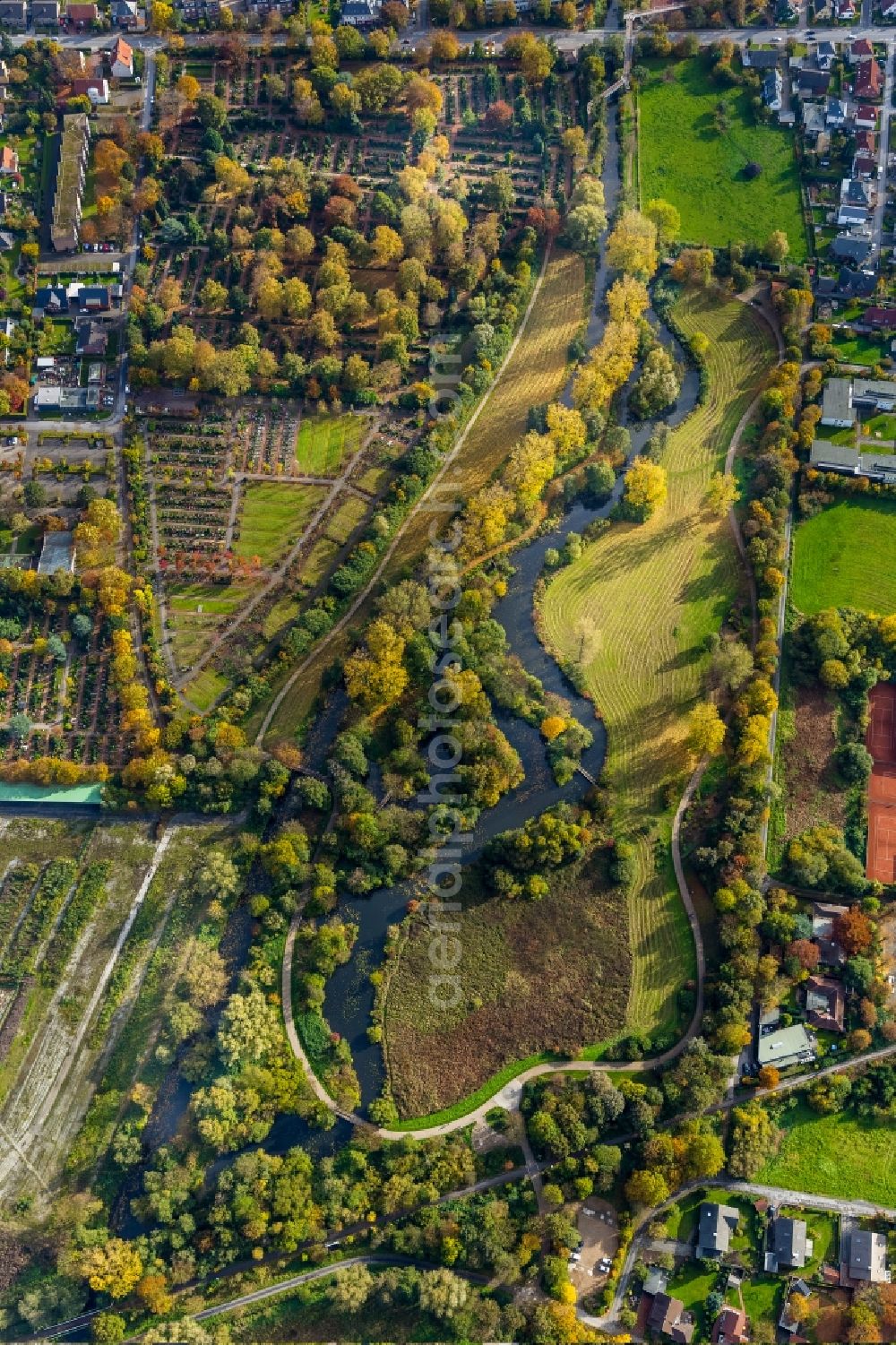 Rheda-Wiedenbrück from the bird's eye view: The nature and relaxation park Flora Westfalica lies in Rheda - Weidenbrück in the state North Rhine-Westphalia. The river Ems runs through the park