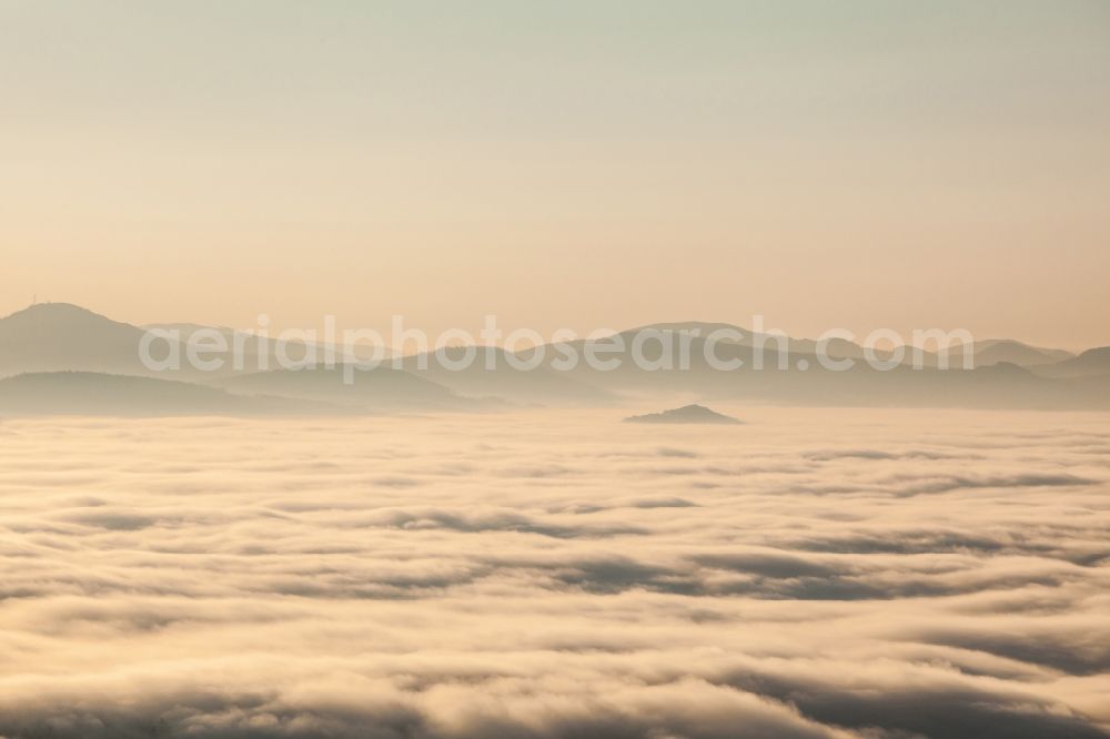 Aerial image Sächsische Schweiz - Nature - Landscape of clouds and haze surrounding mountains in Saxon Switzerland in Saxony. The scenery on the banks of the Elbe is part of the Saxon Switzerland National Park