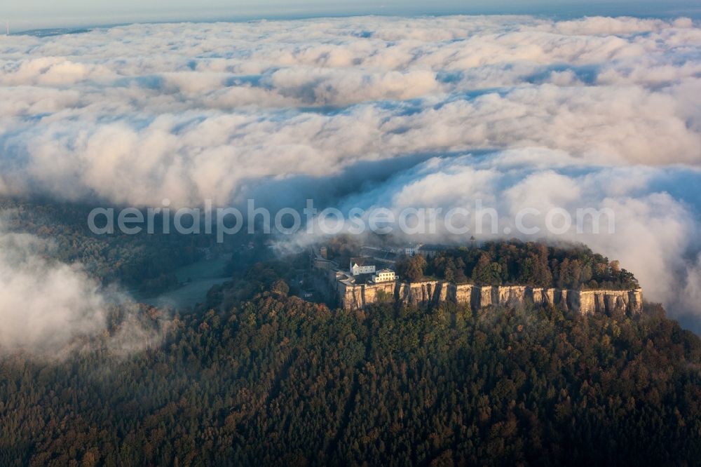 Aerial photograph Sächsische Schweiz - Nature - Landscape of clouds and haze surrounding mountains in Saxon Switzerland in Saxony. The scenery on the banks of the Elbe is part of the Saxon Switzerland National Park