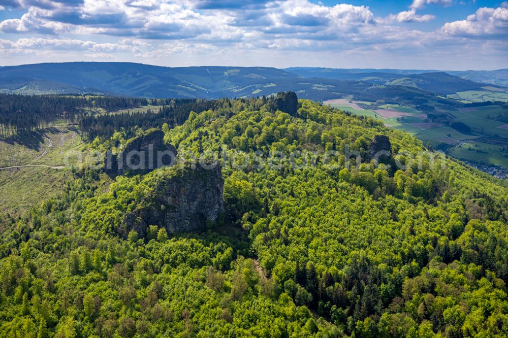 Bruchhausen from above - Feldstein landscape Bruchhauser Steine in the rock and mountain landscape near Bruchhausen in the state North Rhine-Westphalia, Germany