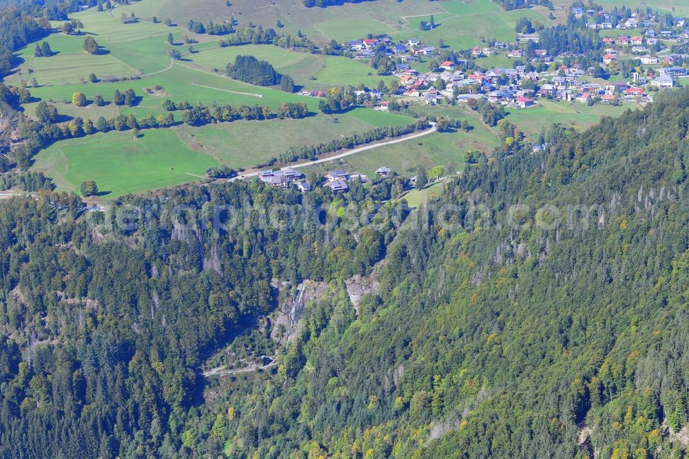 Todtnau from above - Natural spectacle of the waterfall in the rocky landscape in the Black Forest in the district Todtnauberg in Todtnau in the state Baden-Wuerttemberg, Germany