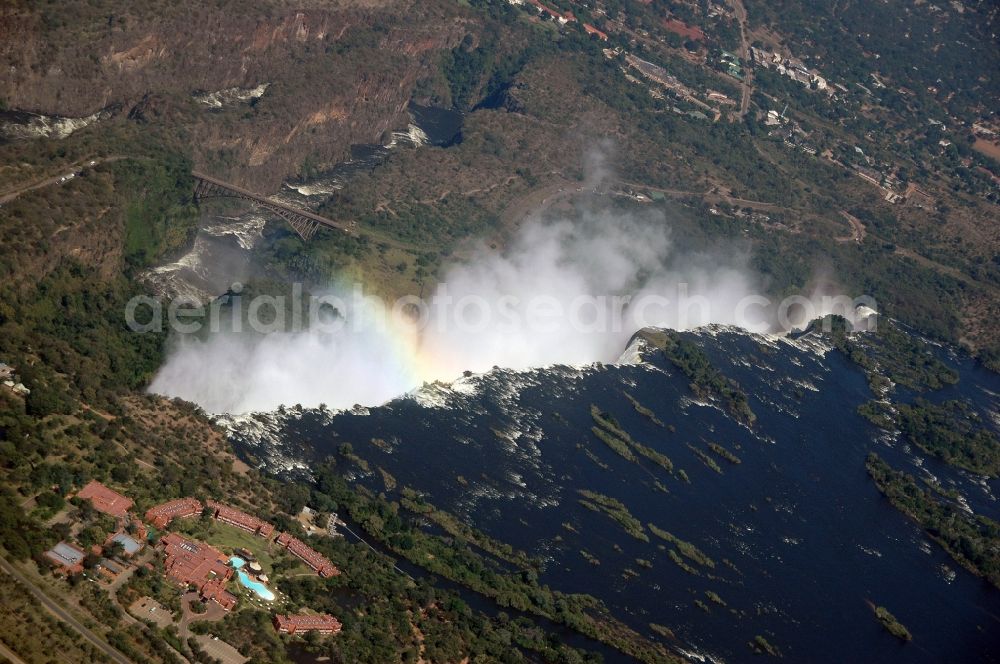 Victoria Falls from above - Natural spectacle of the waterfall in the rocky landscape on sambesi river in Victoria Falls in Matabeleland North Province, Zimbabwe