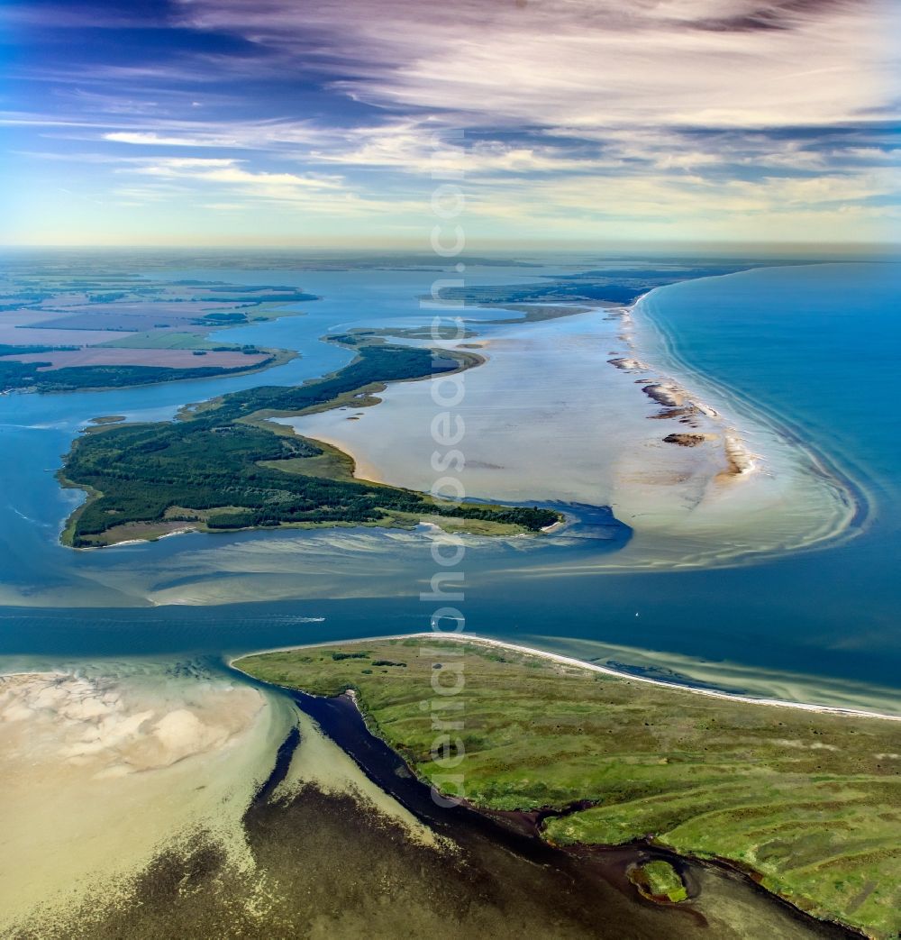 Insel Hiddensee from the bird's eye view: Nature reserve and beach landscape sand dunes along the Baltic Coast Bock in Mecklenburg - Western Pomerania