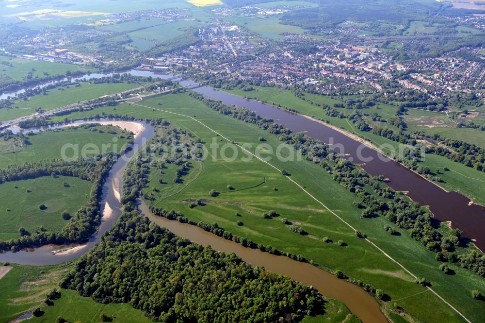 Aerial image Dessau-Roßlau - The nature reserve Untere Mulde located in the Biosphere reserve Middle Elbe River at Dessau-Rosslau in the state Saxony-Anhalt, and includes a 25 km course of the Mulde river to the mouth of the Elbe