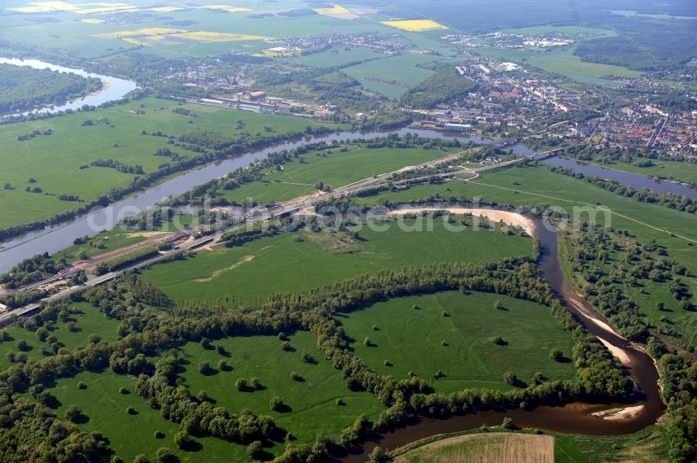 Dessau-Roßlau from above - The nature reserve Untere Mulde located in the Biosphere reserve Middle Elbe River at Dessau-Rosslau in the state Saxony-Anhalt, and includes a 25 km course of the Mulde river to the mouth of the Elbe